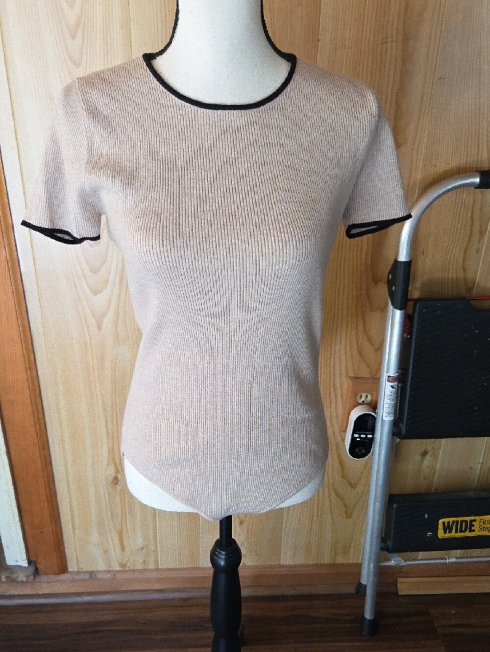 Gilli Beige Ribbed Short-Sleeve Bodysuit with Black Trim